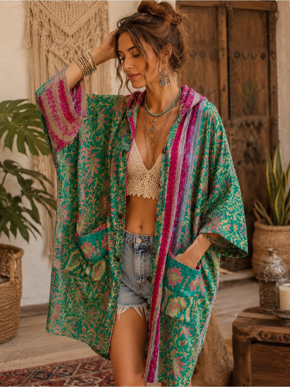 BELL SLEEVE KANTHA KIMONO HOODIE WITH BUTTONS